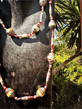 Vintage Magazine Paper Beads Long Necklace